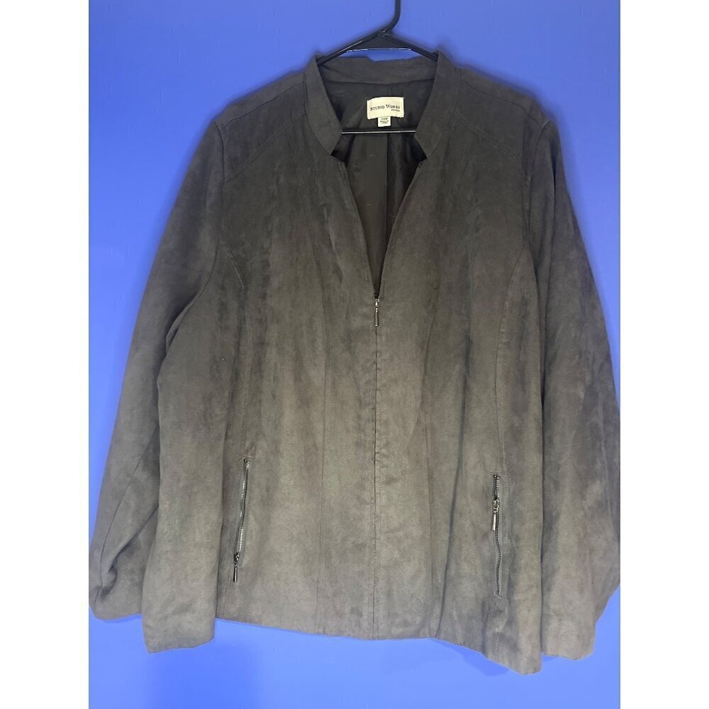 Studio Works Women’s 24W Gray Suede-Feel Blazer Zip-Up Old Money Academia Career